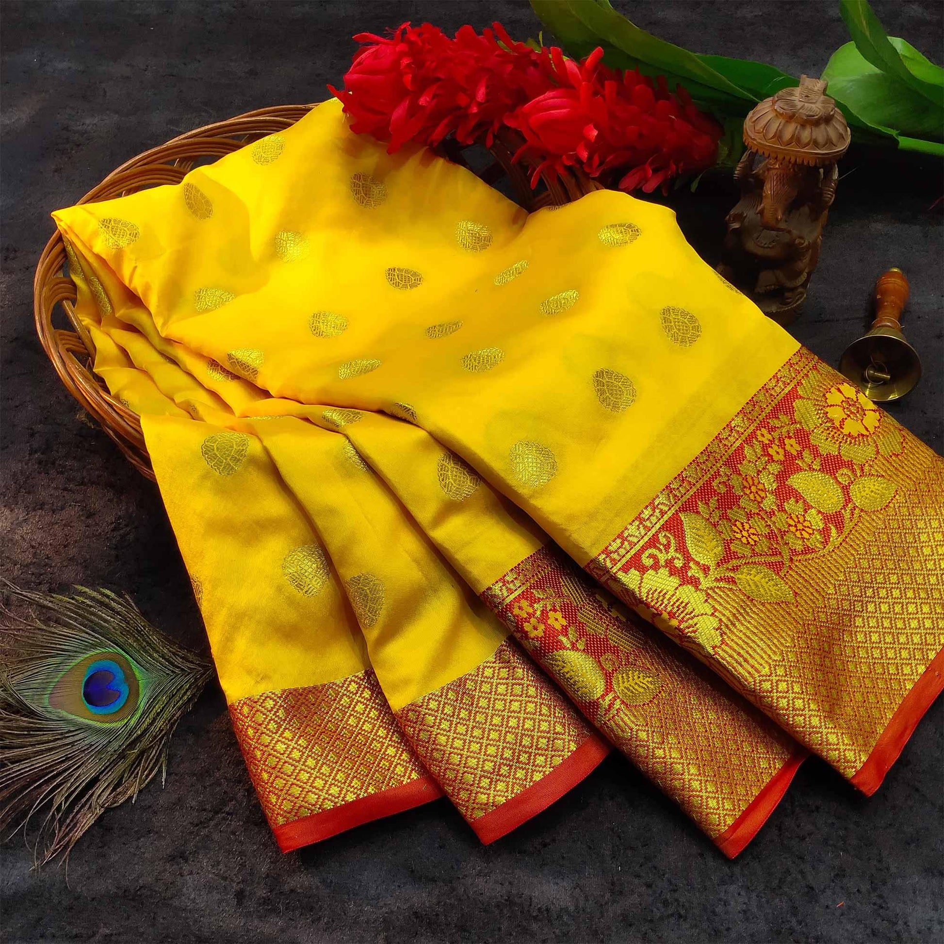 Desirable Yellow Colored Festive Wear Woven Kanjivaram Silk Saree