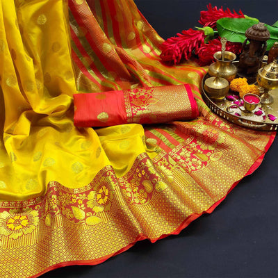 Desirable Yellow Colored Festive Wear Woven Kanjivaram Silk Saree