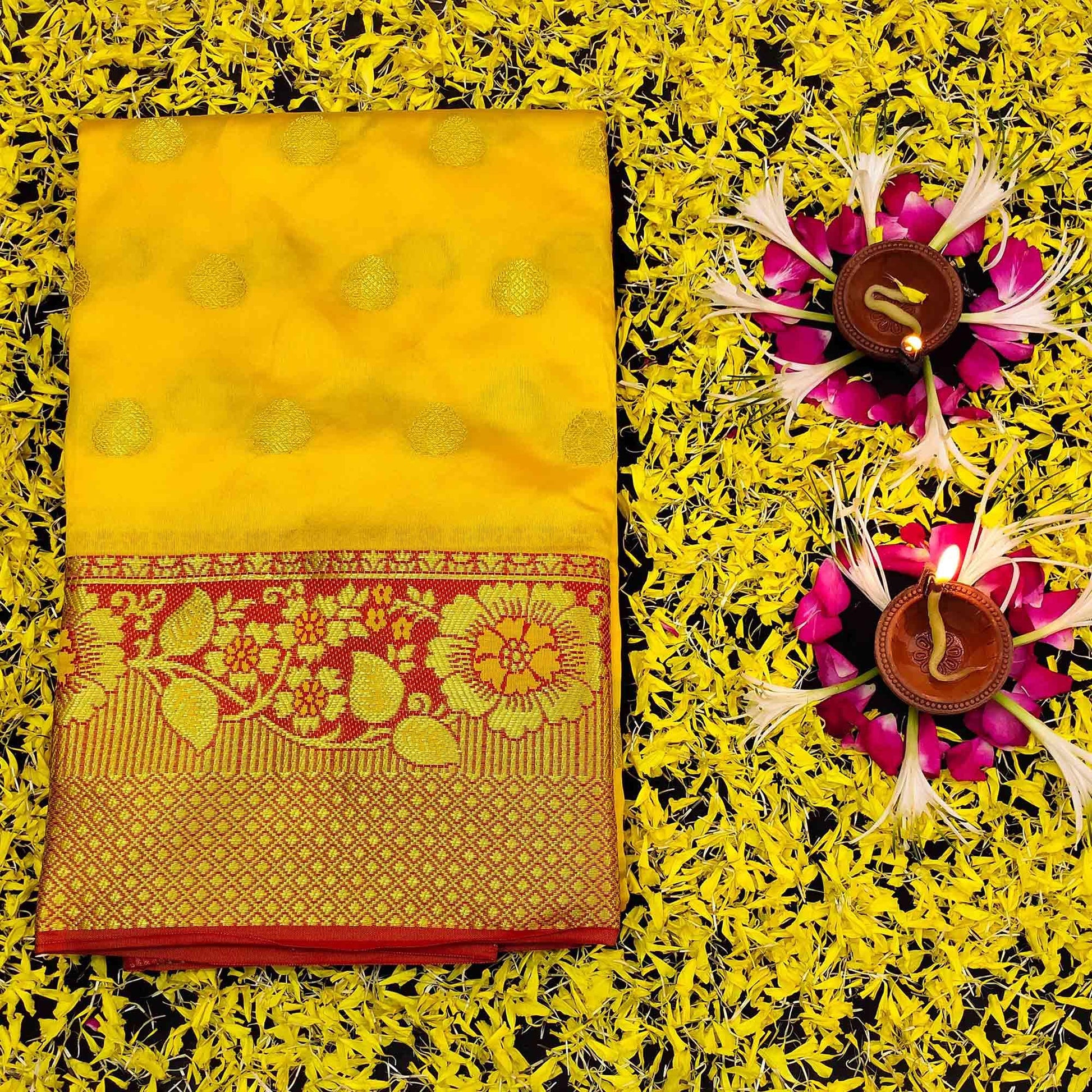 Desirable Yellow Colored Festive Wear Woven Kanjivaram Silk Saree