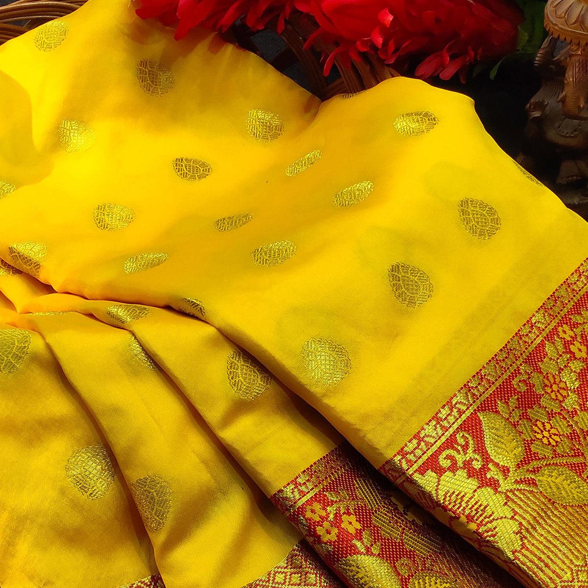 Desirable Yellow Colored Festive Wear Woven Kanjivaram Silk Saree