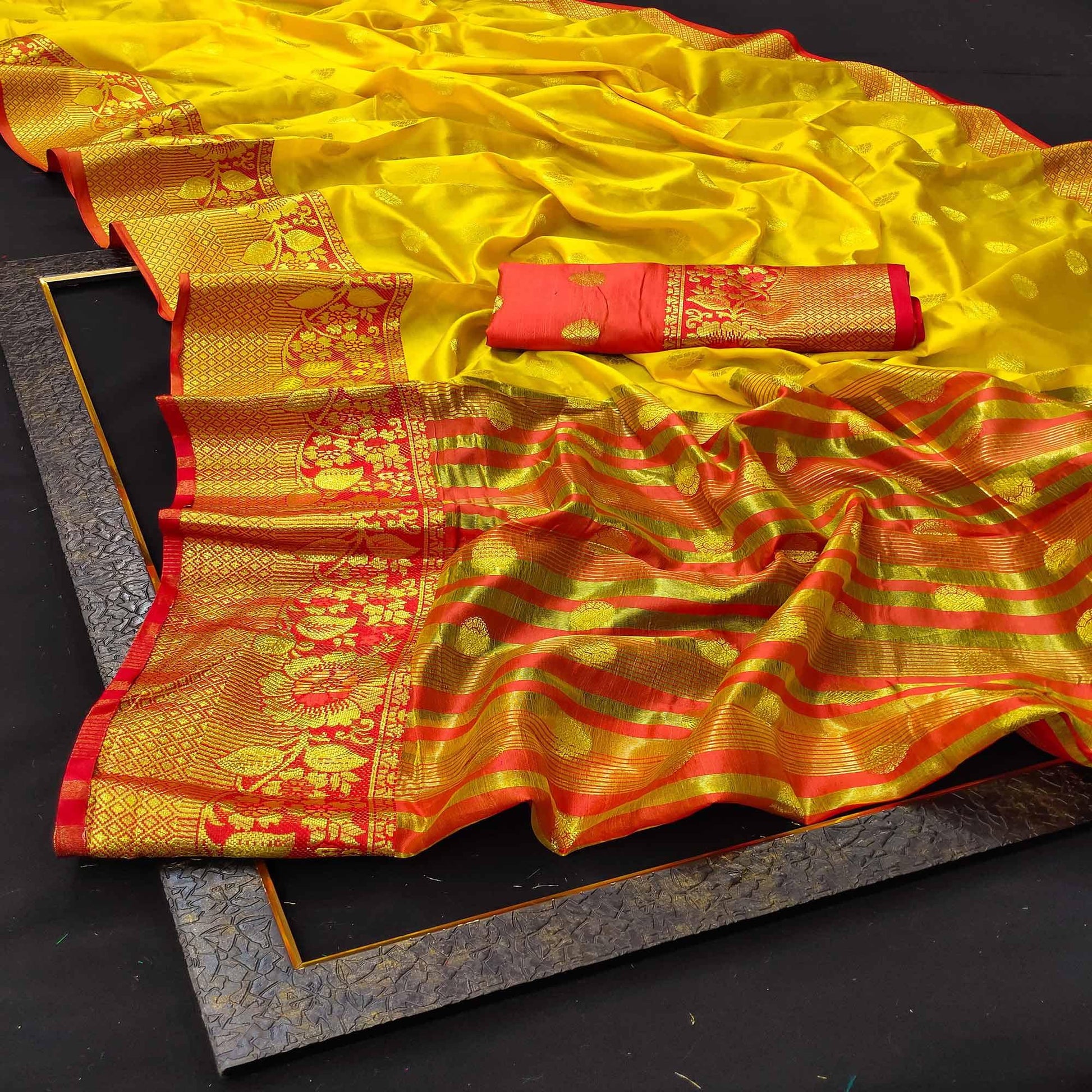Desirable Yellow Colored Festive Wear Woven Kanjivaram Silk Saree
