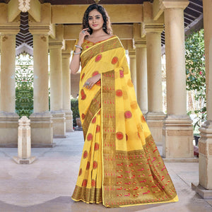 Desirable Yellow Coloured Festive Wear Woven Cotton Handloom Saree