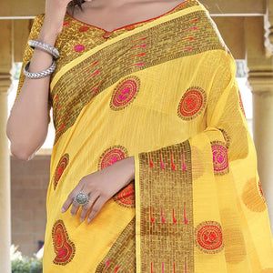 Desirable Yellow Coloured Festive Wear Woven Cotton Handloom Saree