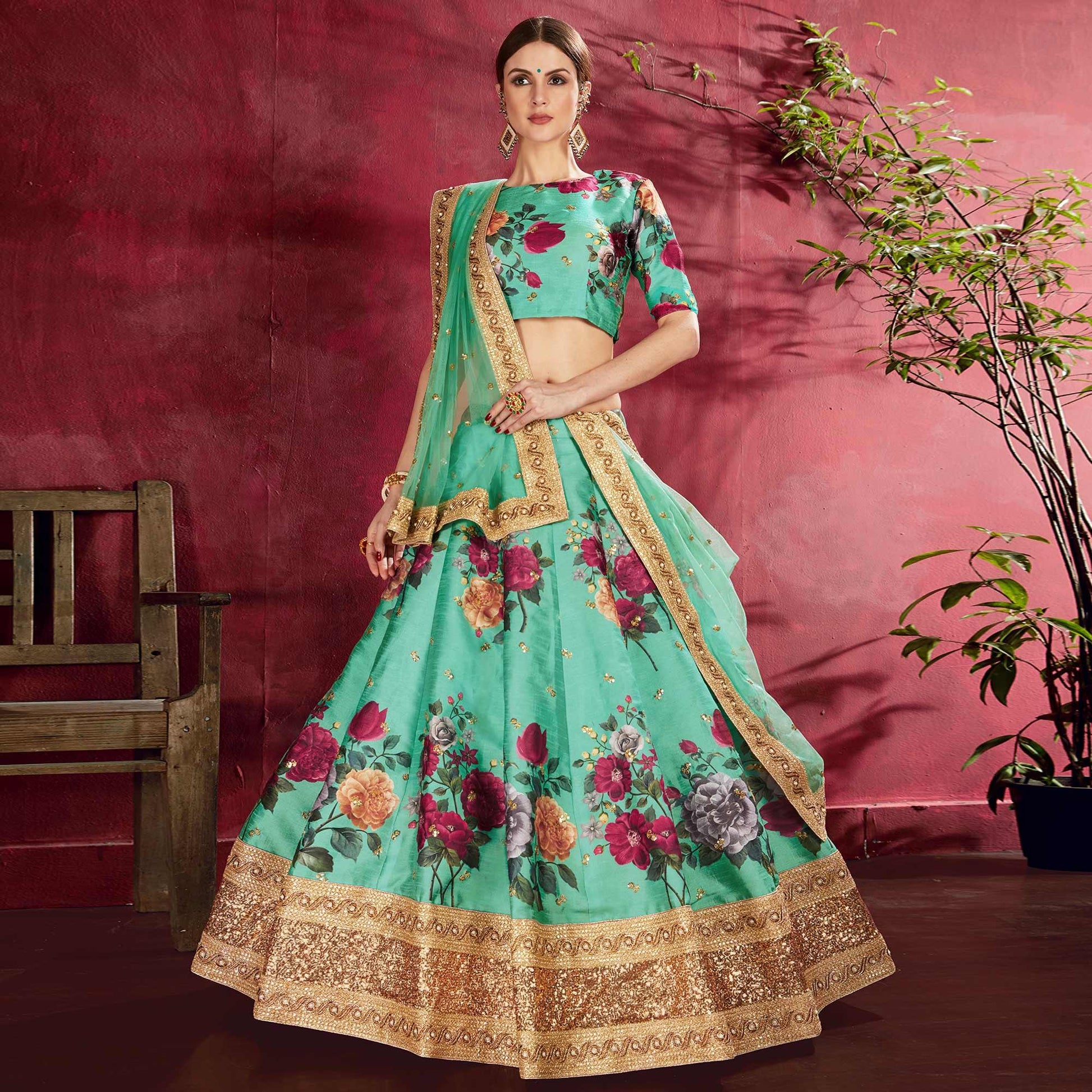 Desiring Green Colored Partywear Designer Embroidered Art Silk Lehenga Choli