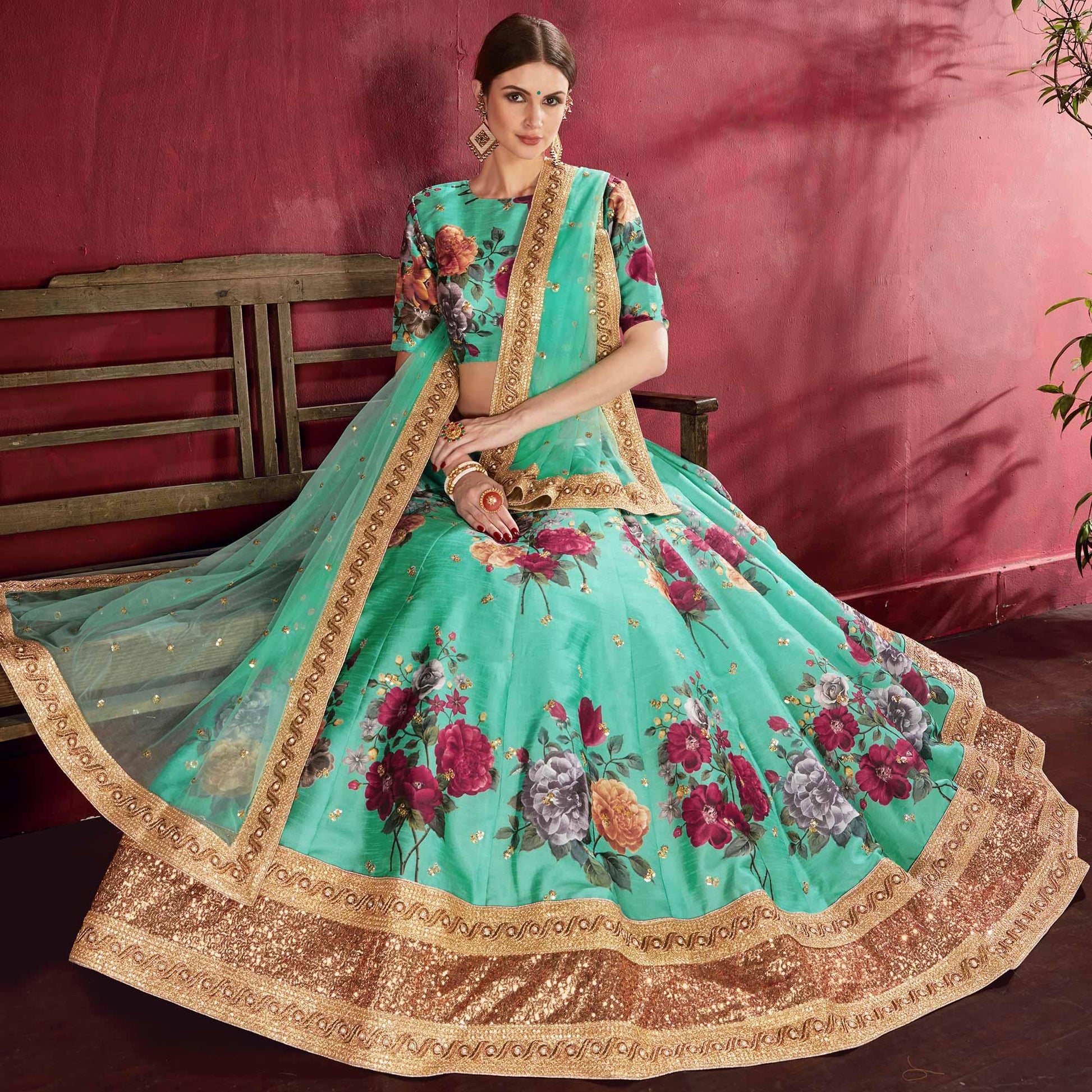 Desiring Green Colored Partywear Designer Embroidered Art Silk Lehenga Choli