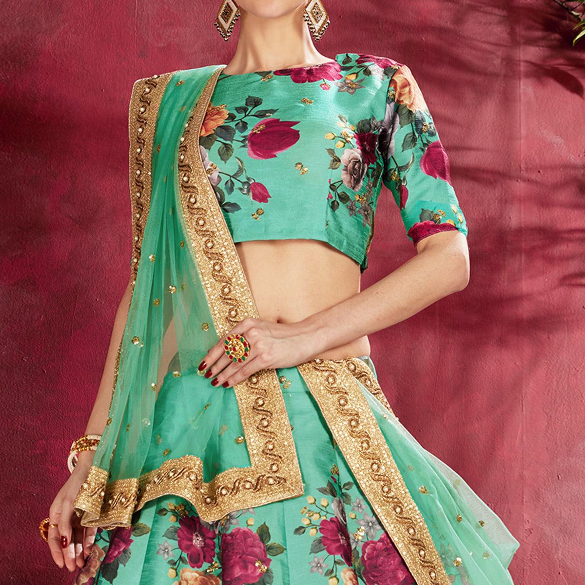 Desiring Green Colored Partywear Designer Embroidered Art Silk Lehenga Choli