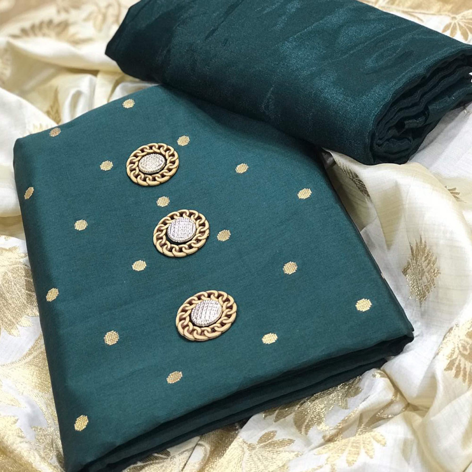 Desiring Green Woven Satin Dress Material With Banarasi Silk Dupatta