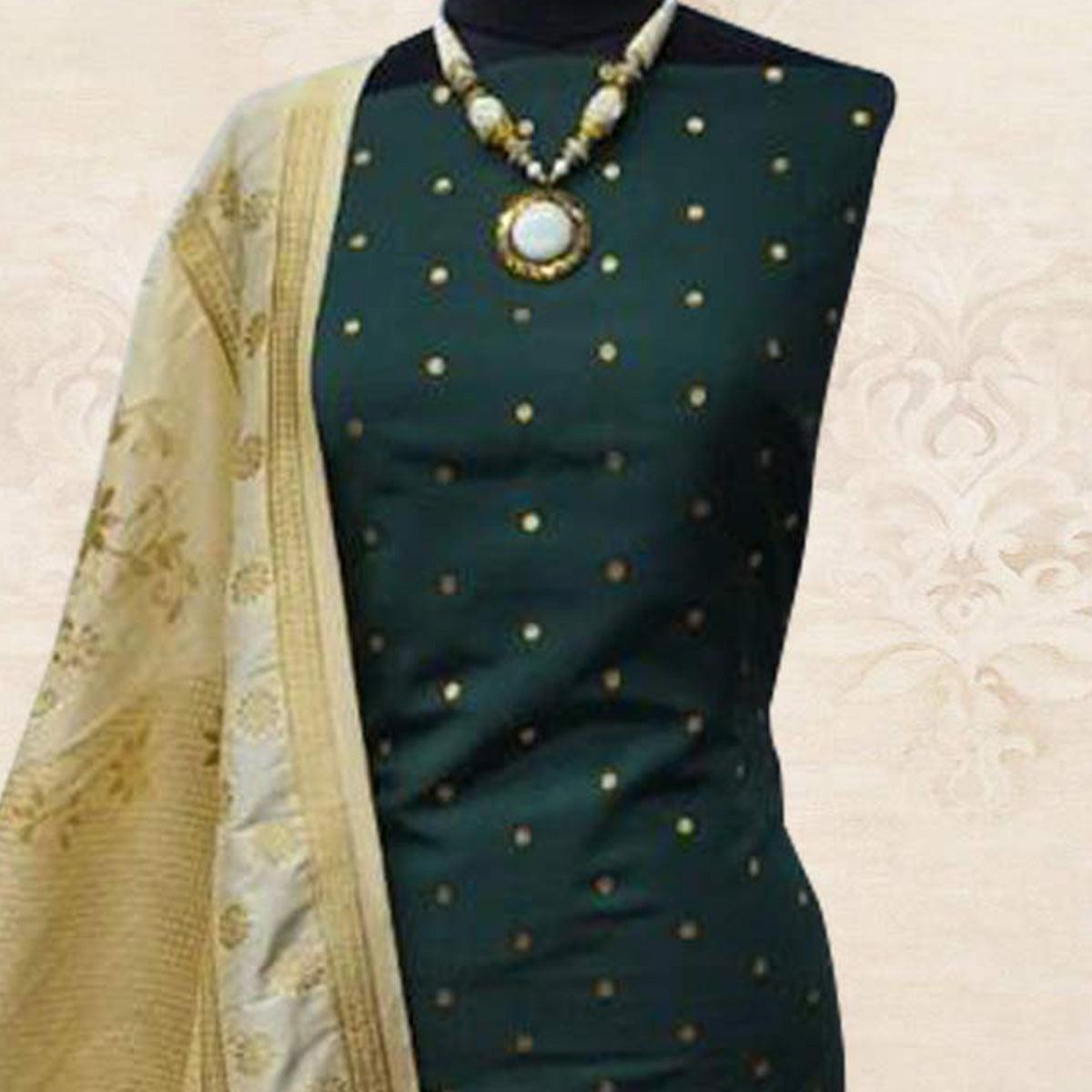 Desiring Green Woven Satin Dress Material With Banarasi Silk Dupatta