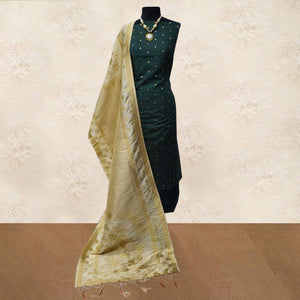 Desiring Green Woven Satin Dress Material With Banarasi Silk Dupatta