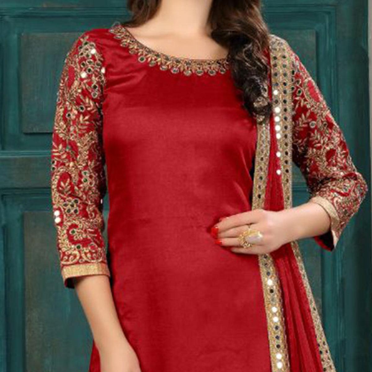 Desiring Red Colored Partywear Embroidered Art Silk Salwar Suit