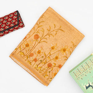 Peach Handwoven Linen Saree Printed With Floral Motifs