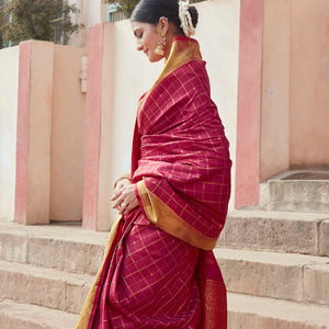 Crimson Handloom Kanchipuram Silk Saree With Zari Checks & Buttas