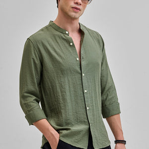 Olive Mandarin Linen Blend Shirt