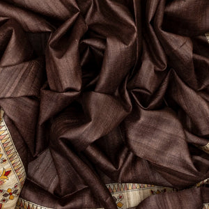 Dark Brown Handloom Tussar Silk Saree With Printed Fish Motifs