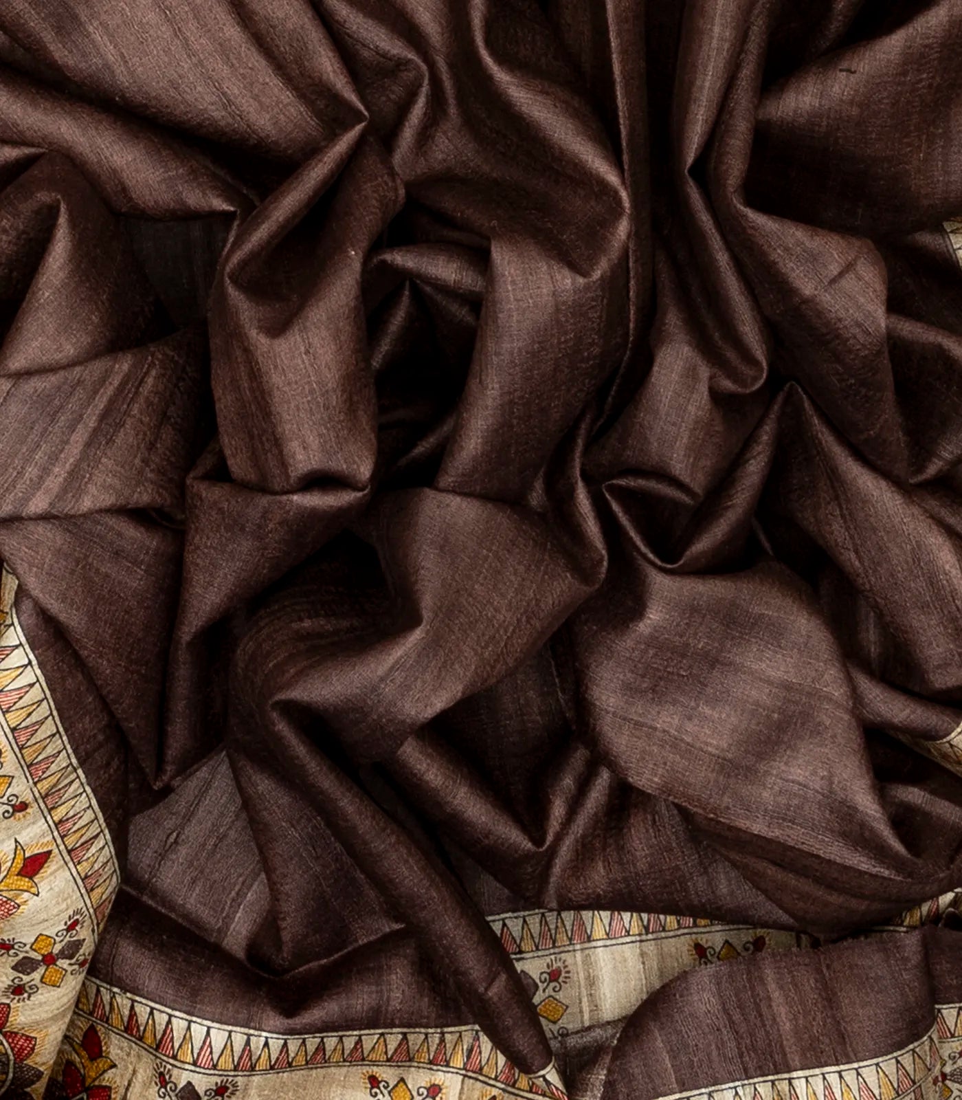 Dark Brown Handloom Tussar Silk Saree With Printed Fish Motifs