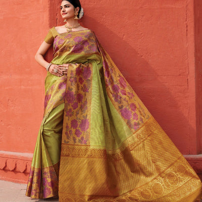 Cardamom Green Handloom Kanchipuram Silk Saree With Floral Border