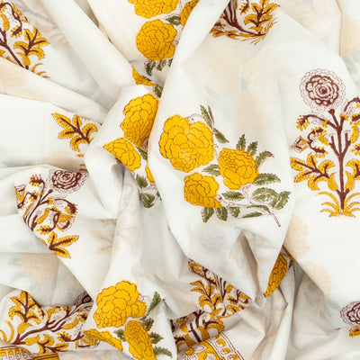 White Woven Jaipur Cotton Saree Printed With Flower Motifs