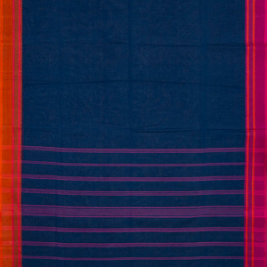 Navy Blue Bengal Cotton Saree With Pink & Orange Border