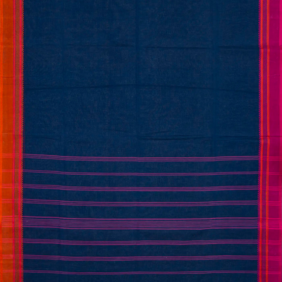 Navy Blue Bengal Cotton Saree With Pink & Orange Border