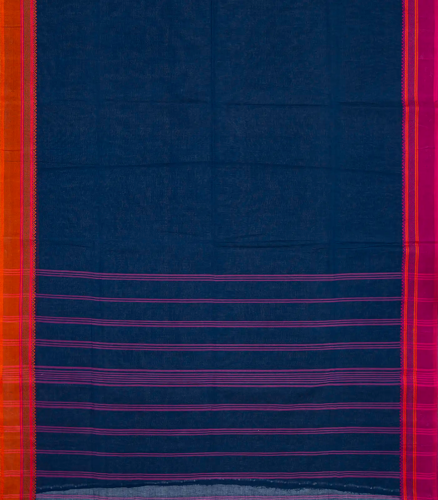 Navy Blue Bengal Cotton Saree With Pink & Orange Border