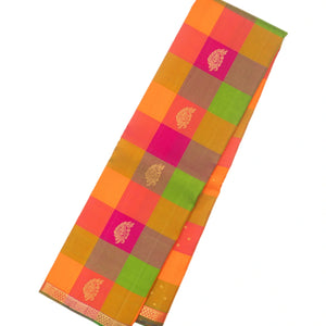 Multi Color Handloom Kanchipuram Silk Saree With Checks & Buttas