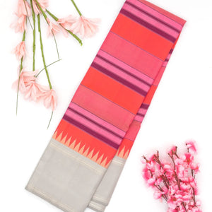 Peach & Pink Handloom Kanchipuram Korvai Silk Saree With Stripes