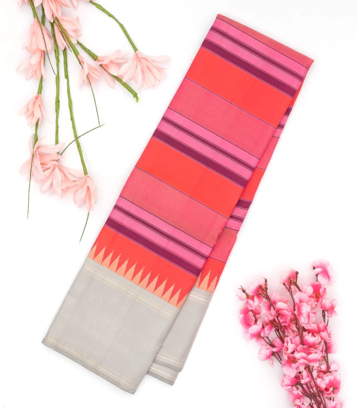 Peach & Pink Handloom Kanchipuram Korvai Silk Saree With Stripes