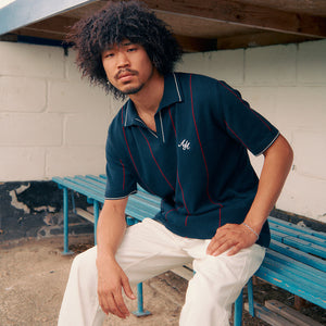 Alma De Ace Stripe Knit Navy Blue Polo Shirt