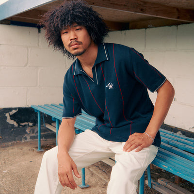 Alma De Ace Stripe Knit Navy Blue Polo Shirt