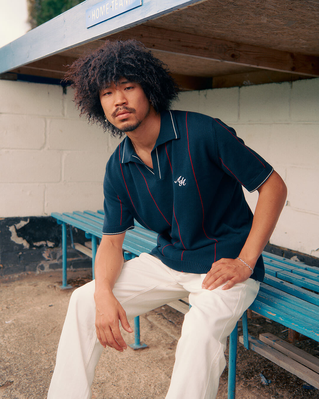 Alma De Ace Stripe Knit Navy Blue Polo Shirt