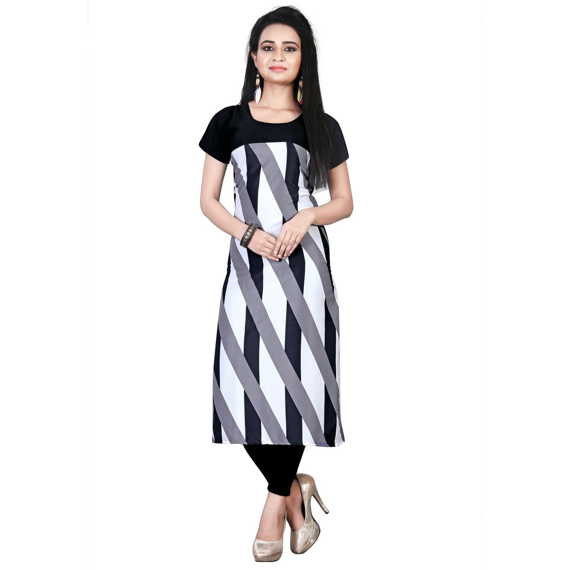 Different Black-White Colored Casual Printed Crepe Kurti