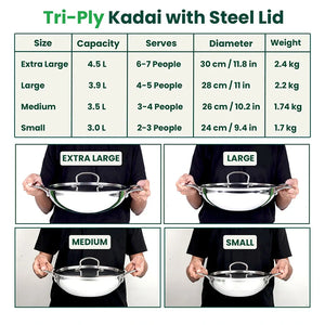 TurboCuk Tri-ply Stainless Steel Kadai+ Steel Lid, Premium Quality, 3 Layer Thick Body, 100% Toxin-free,
