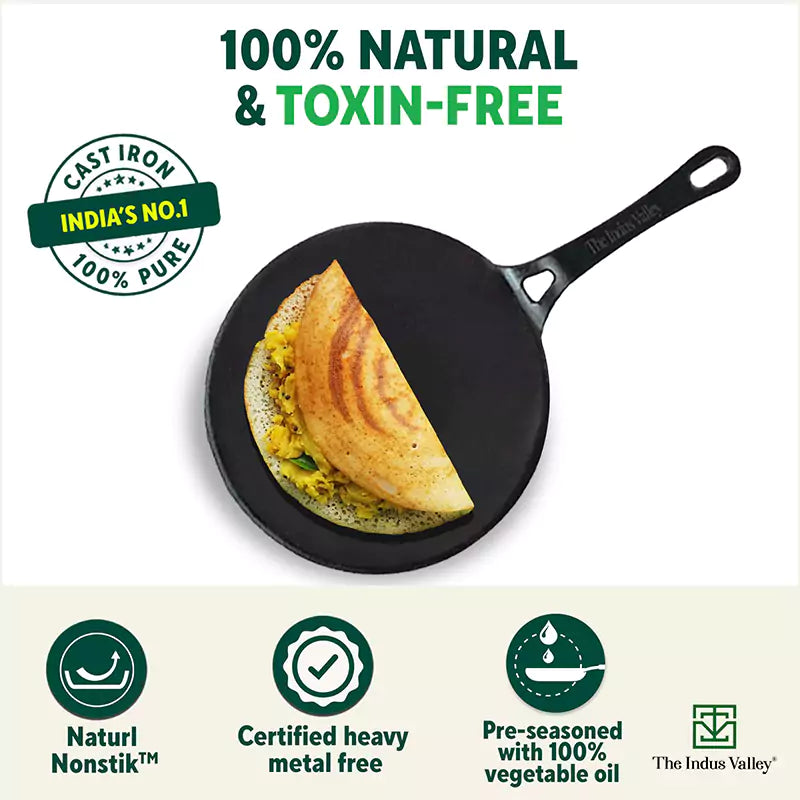 CASTrong Cast Iron Concave Tawa+Free ₹110 Spatula, Pre-seasoned, Nonstick, 100% Pure, Toxin-free, 25.4cm, 1.9kg