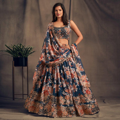 Dove Blue Partywear Floral Print With Sequin Zari Embroidered Organza Lehenga Choli