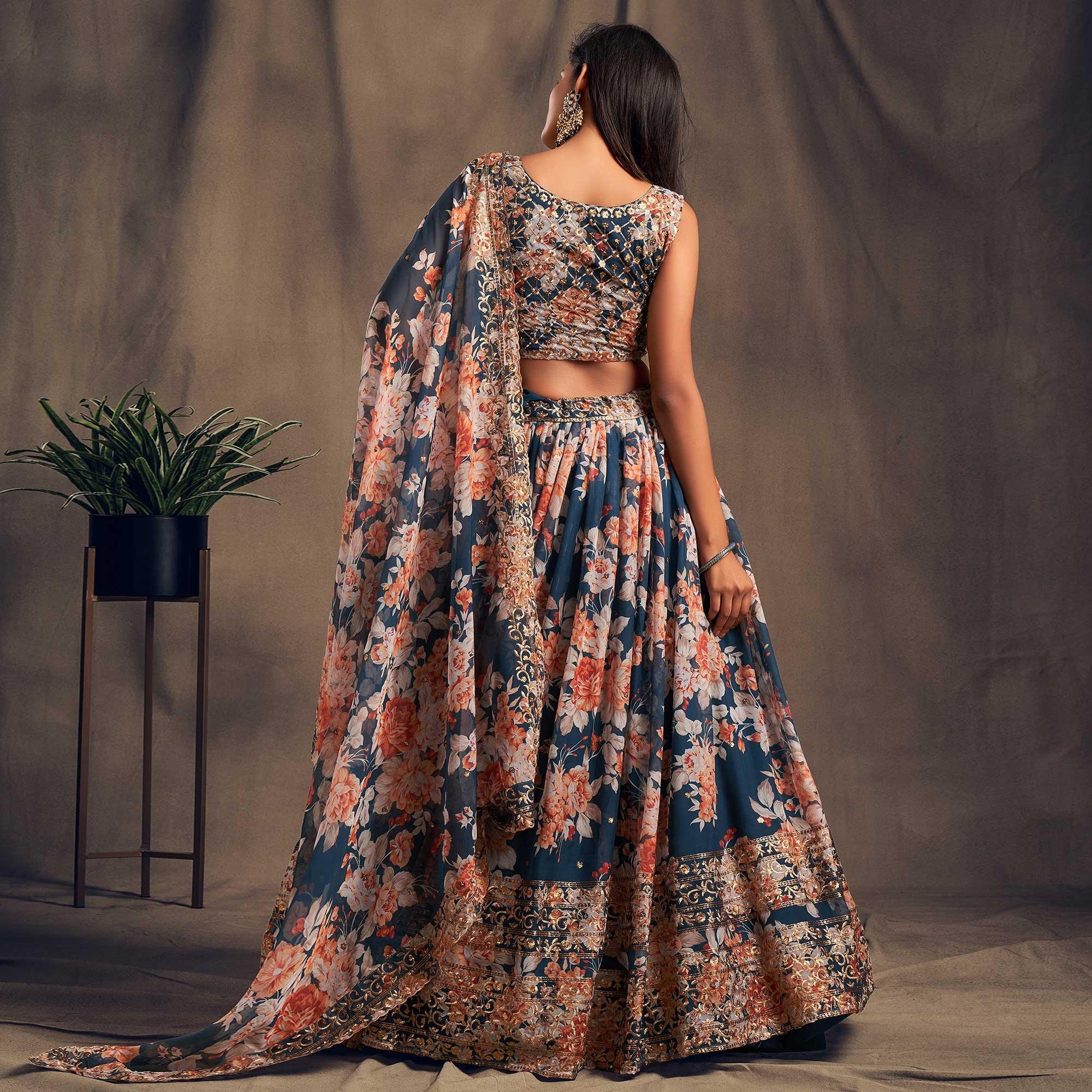 Dove Blue Partywear Floral Print With Sequin Zari Embroidered Organza Lehenga Choli