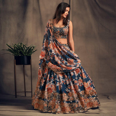 Dove Blue Partywear Floral Print With Sequin Zari Embroidered Organza Lehenga Choli