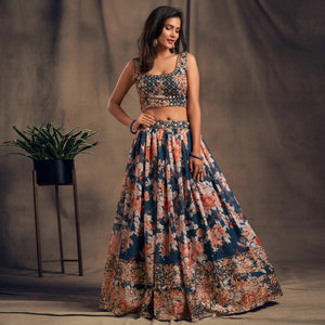 Dove Blue Partywear Floral Print With Sequin Zari Embroidered Organza Lehenga Choli