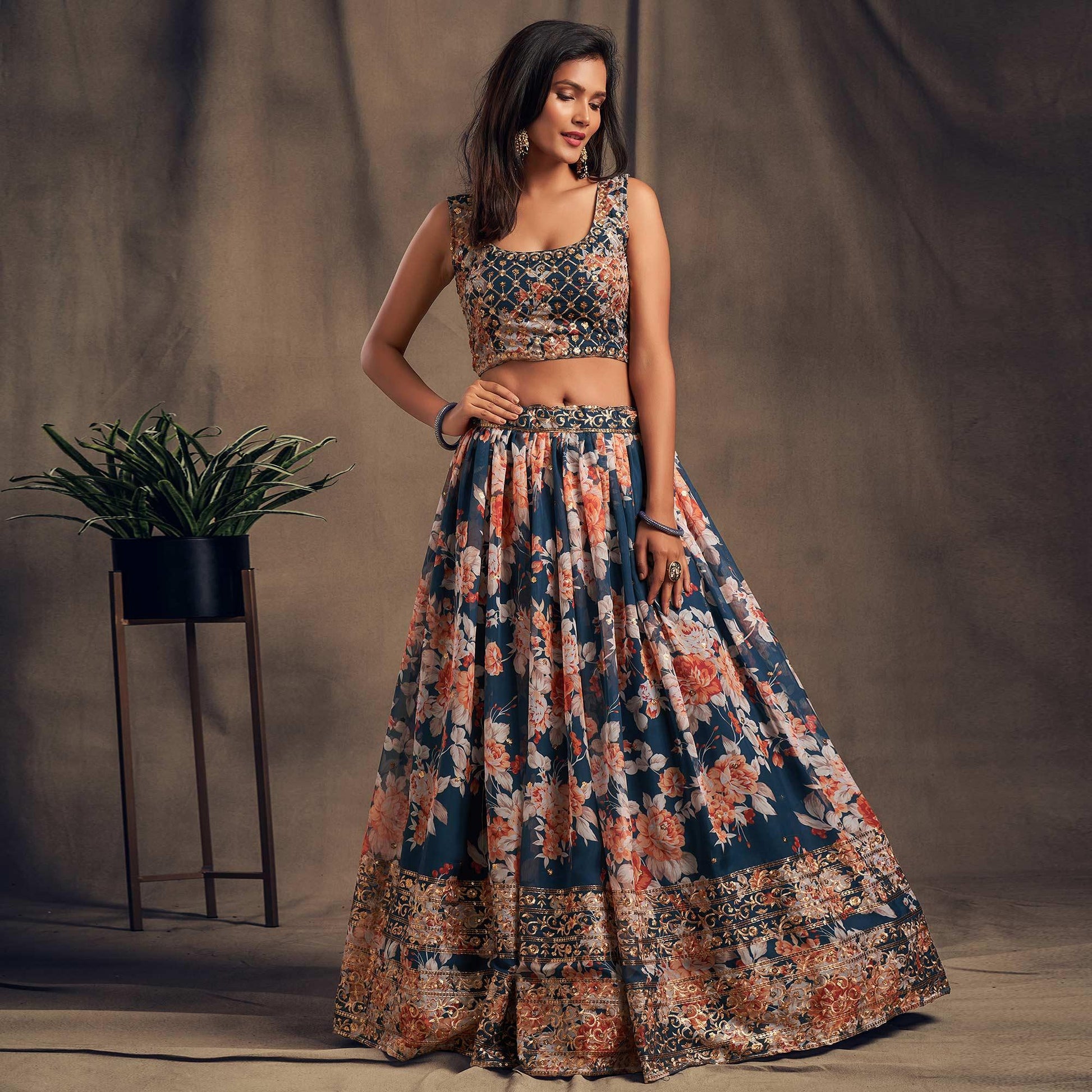 Dove Blue Partywear Floral Print With Sequin Zari Embroidered Organza Lehenga Choli