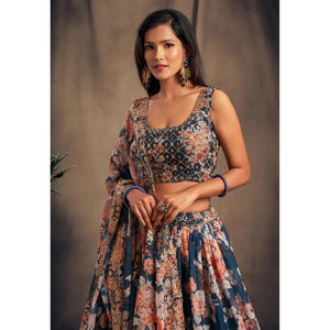 Dove Blue Partywear Floral Print With Sequin Zari Embroidered Organza Lehenga Choli