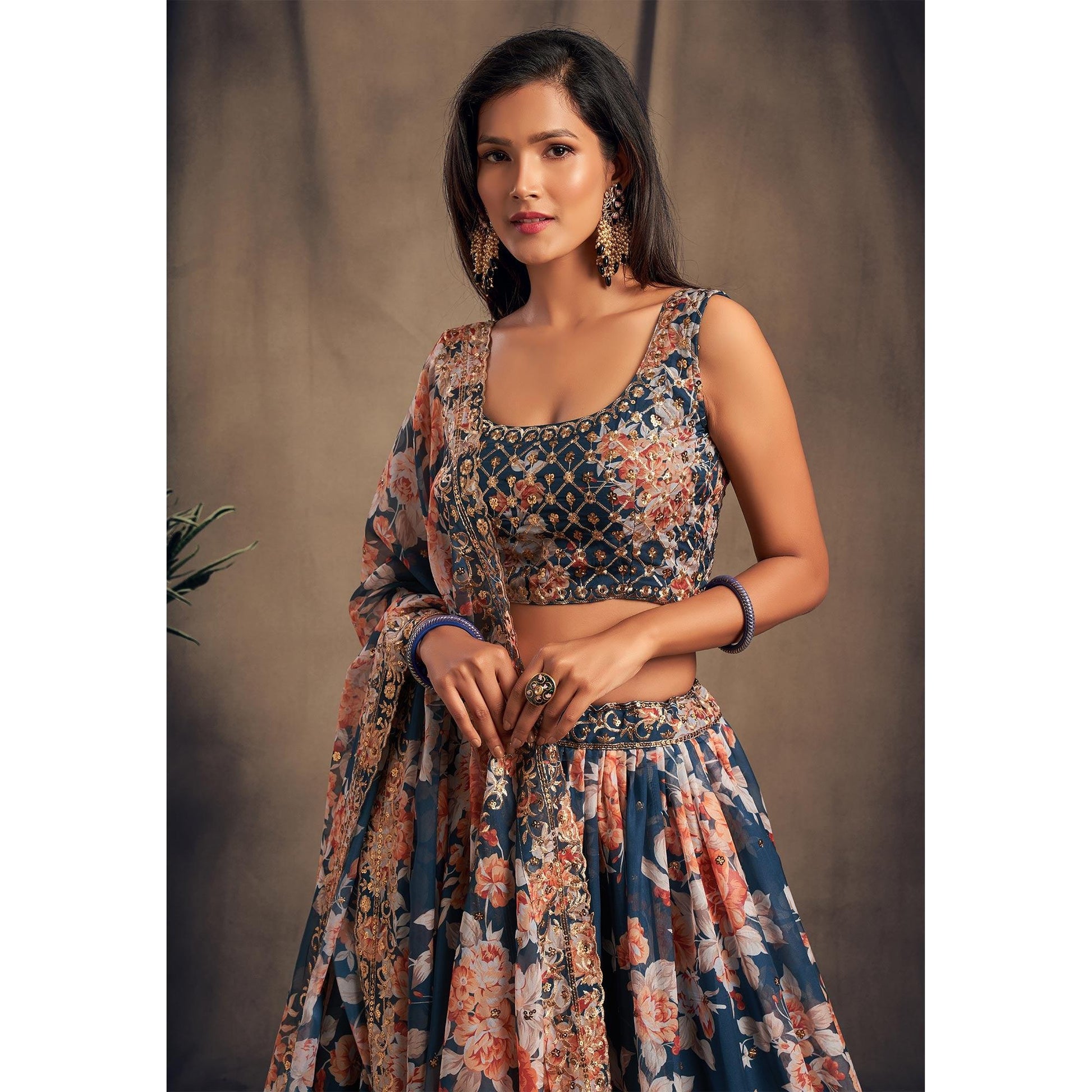 Dove Blue Partywear Floral Print With Sequin Zari Embroidered Organza Lehenga Choli