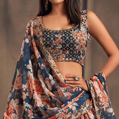 Dove Blue Partywear Floral Print With Sequin Zari Embroidered Organza Lehenga Choli