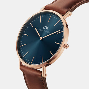 Classic Men Quartz Blue Dial Analog Leather Watch DW00100626K