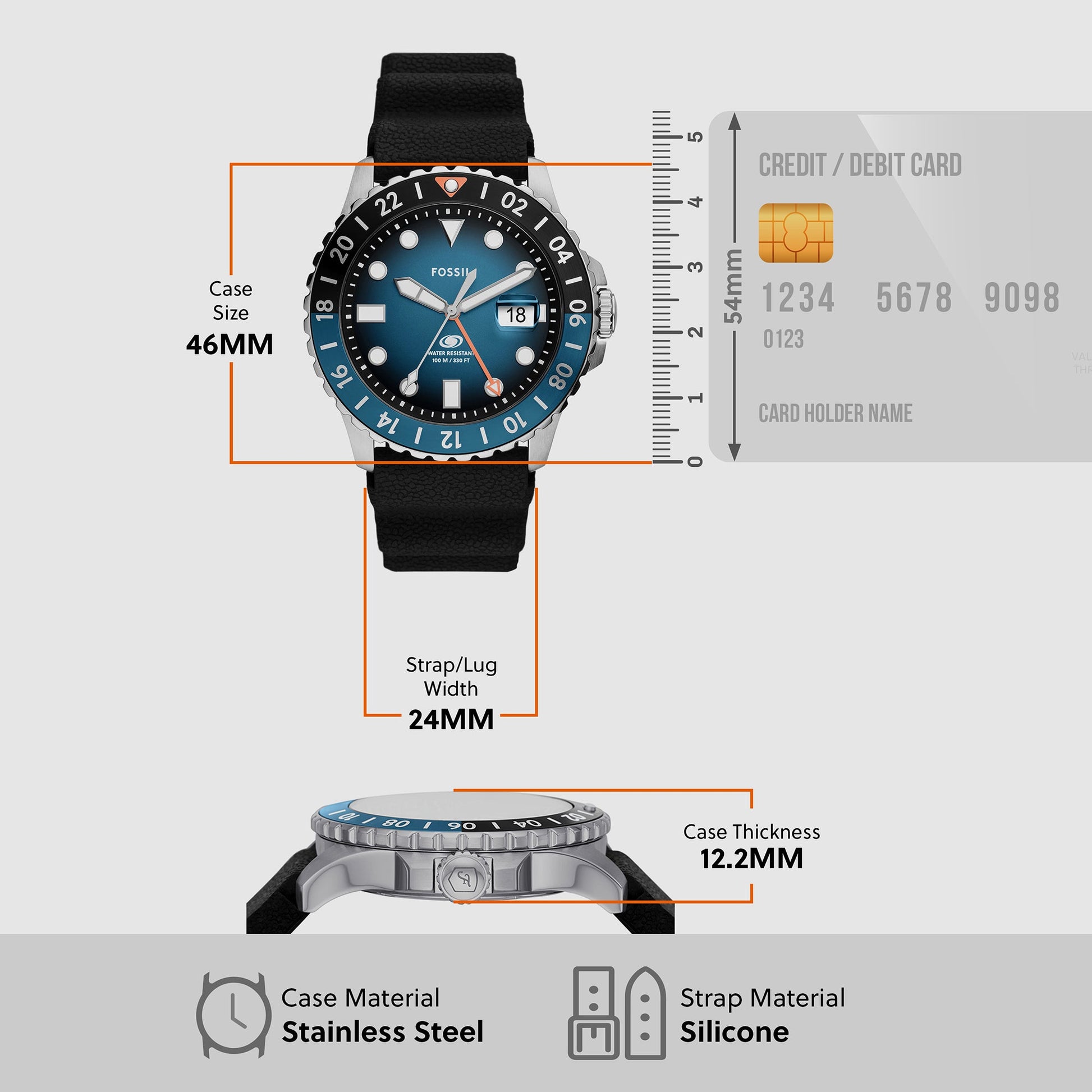 Fossil Blue Gmt Men GMT Black & Blue Dial Analog Silicone Watch FS6049