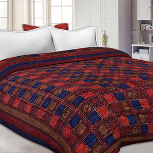 Neavy Blue Border Multi Colour  Check & Dabu Print Fine Cotton  Double Bed Quilt