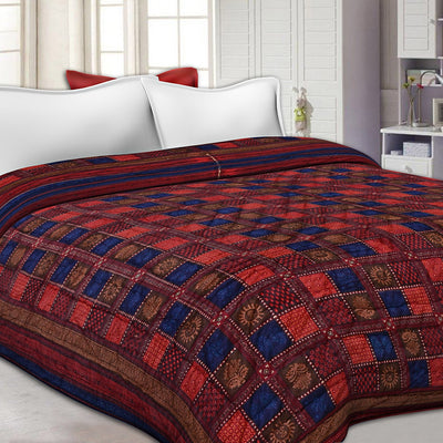 Neavy Blue Border Multi Colour  Check & Dabu Print Fine Cotton  Double Bed Quilt