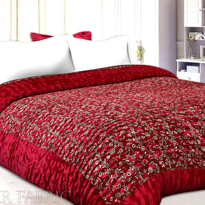 Maroon Base Golden Floral Print Silk Double Quilt