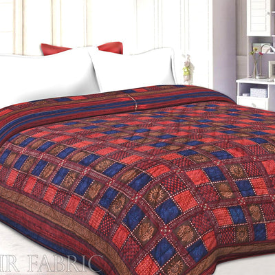 Neavy Blue Border Multi Colour  Check & Dabu Print Fine Cotton  Double Bed Quilt