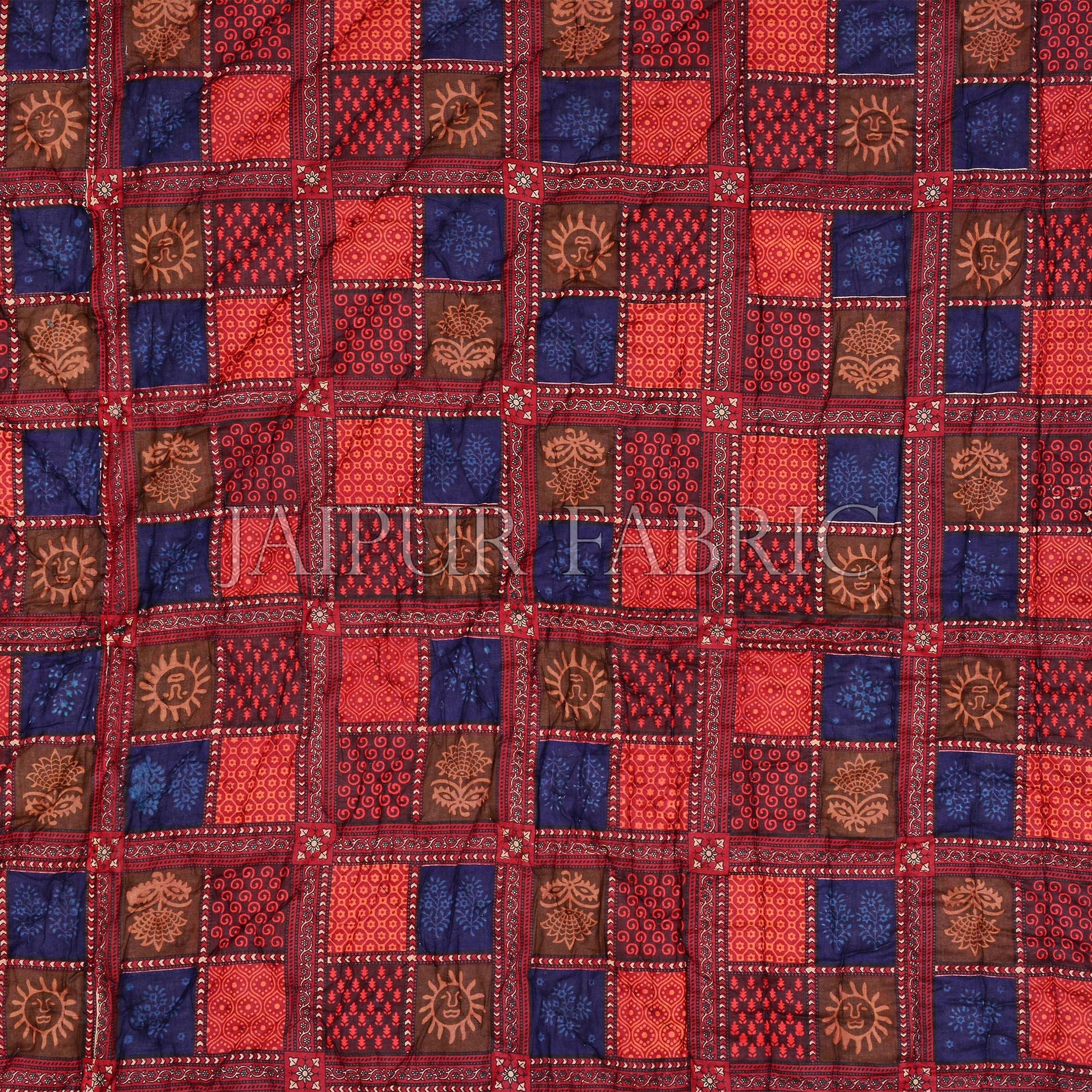 Neavy Blue Border Multi Colour  Check & Dabu Print Fine Cotton  Double Bed Quilt
