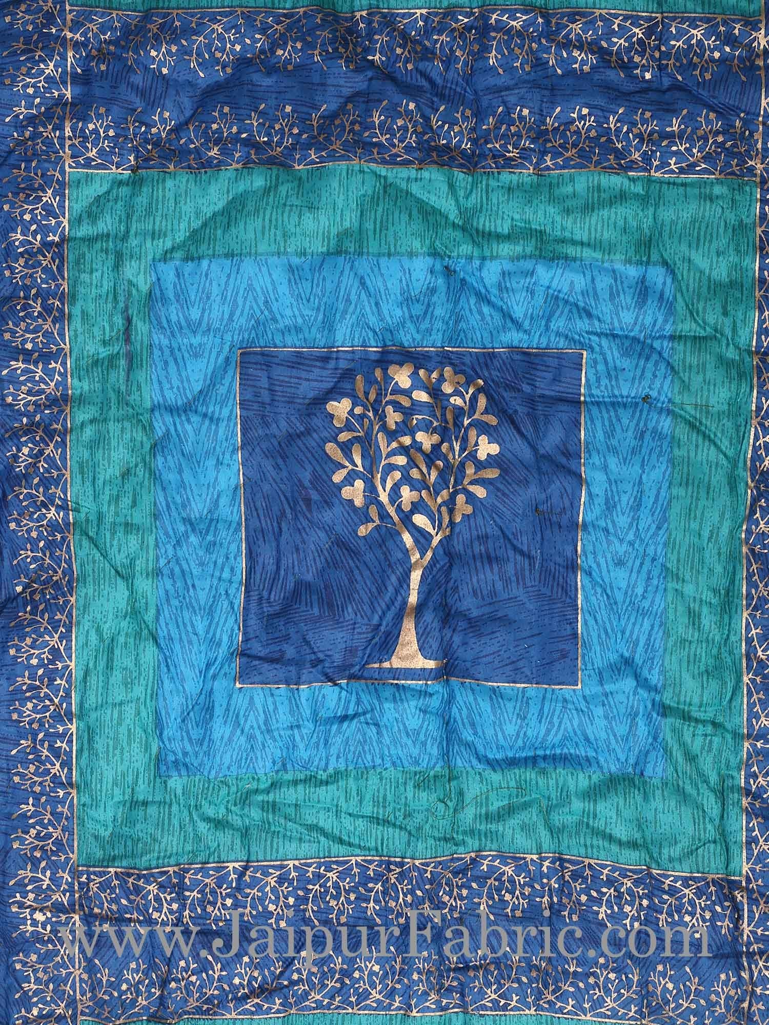 Firozi And Blue Golden Jaipuri  Tree  print Single Bed Quilt
