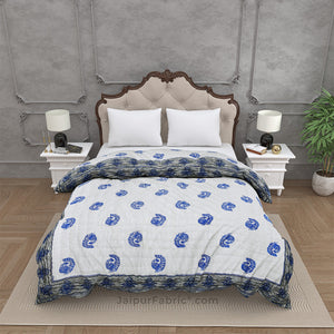 Grey Border Blue Peacock Microfiber Fill Cotton Cover Double Bed Quilt